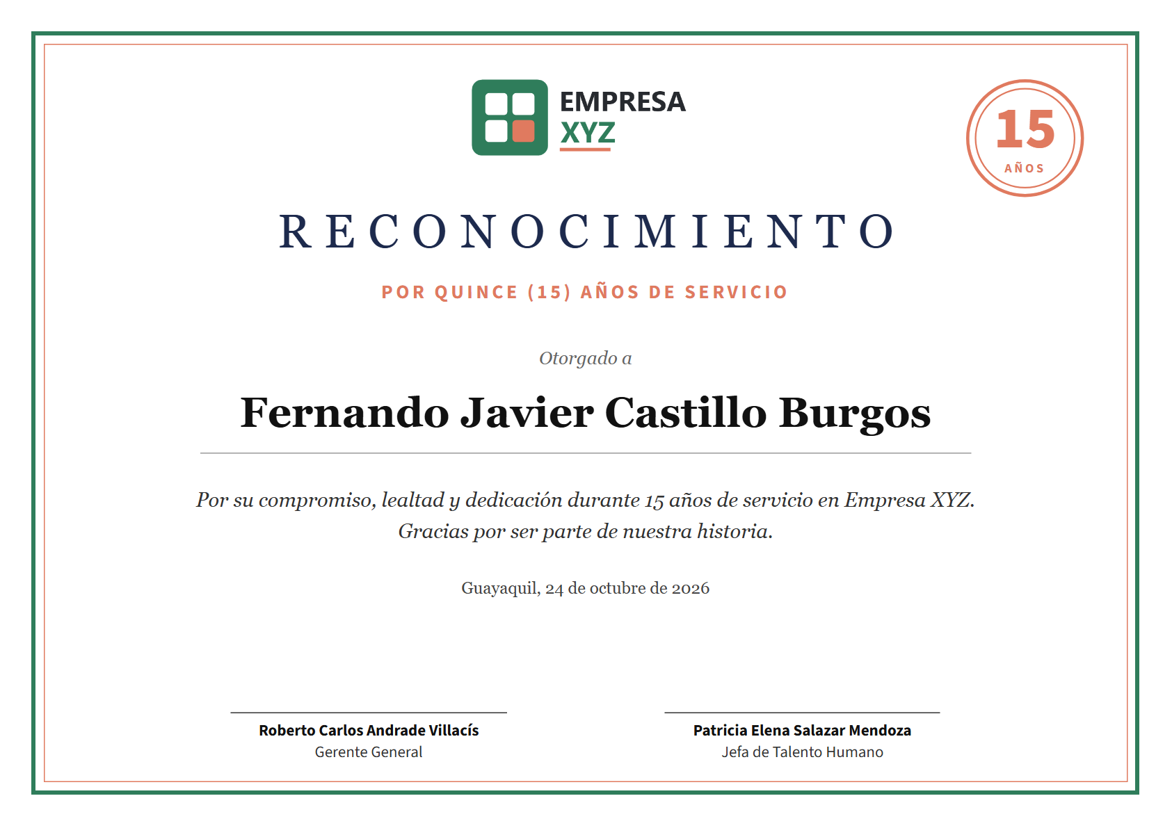 Diploma de reconocimiento por años de servicio