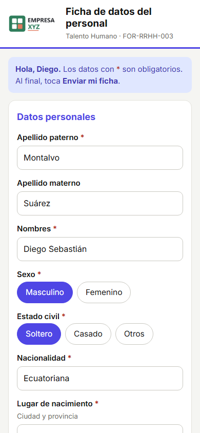 Formulario del trabajador en el celular